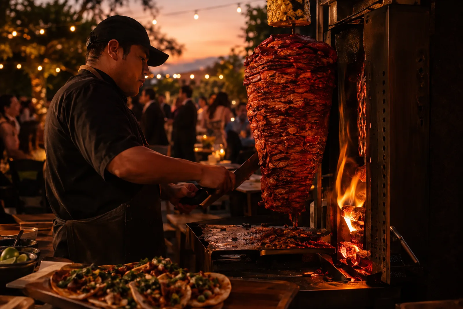 Taquero cortando carne del trompo durante un evento al aire libre